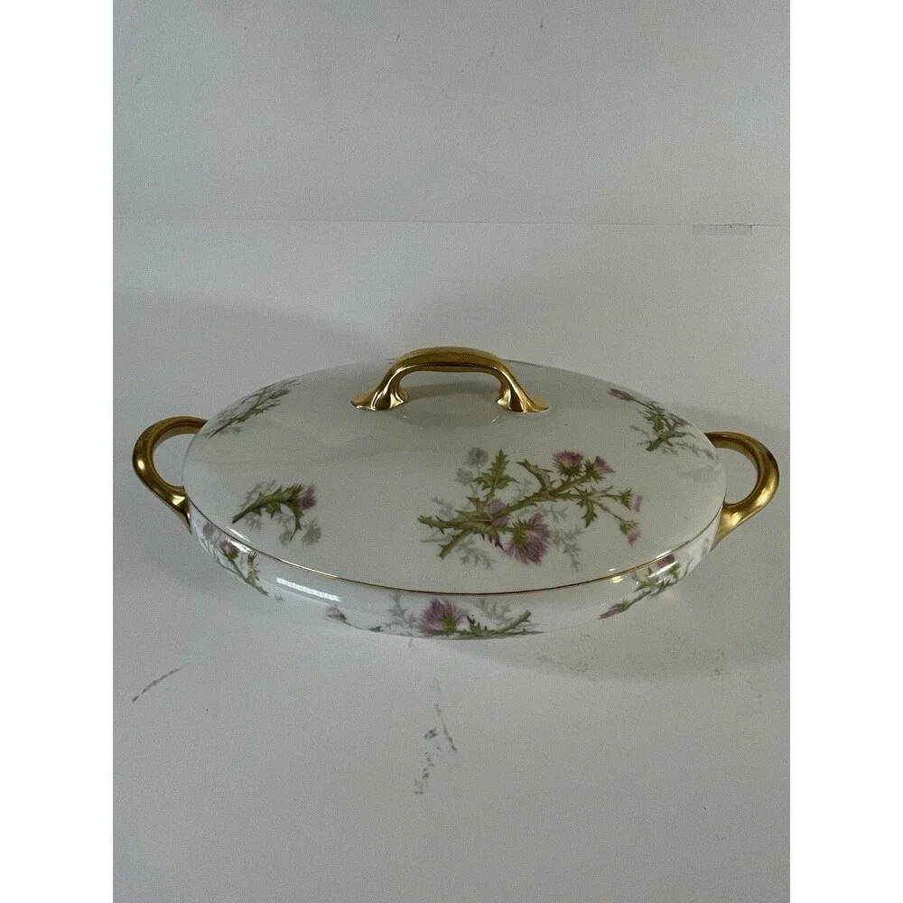 Limoges France Porcelain Covered Vegetable Dish Floral Gold Handles 12” Oval